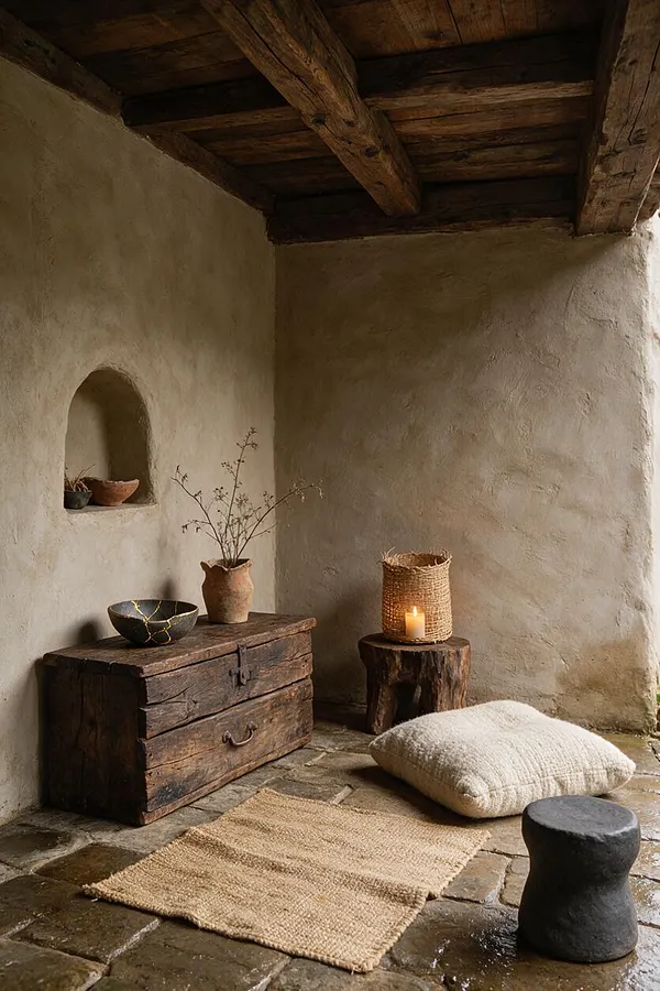 A serene front porch with rough plaster walls, exposed weathered wood beams, and a stone floor. The space is styled with a rustic wooden chest, clay vessels, a woven basket holding a candle, a neutral cushion, a textured rug, and a small dark stool, creating a calm wabi-sabi atmosphere.