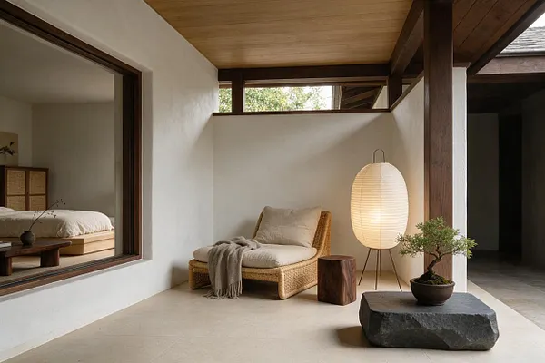 A tranquil Japandi-style backyard seating area with white plaster walls, a warm wood ceiling, and dark timber beams. A woven lounge chair with beige cushions sits beside a glowing paper lantern, a small wooden side table, a bonsai in a shallow pot on a stone base, and a view into a minimalist bedroom through a large opening.