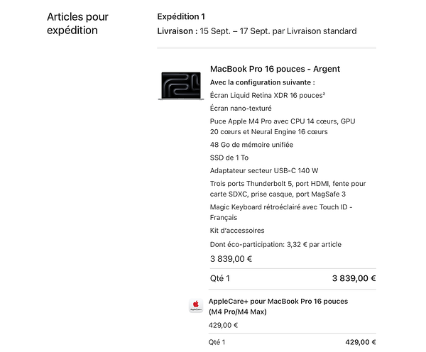 The image displays an order summary for a new MacBook Pro with specific configurations and pricing details.