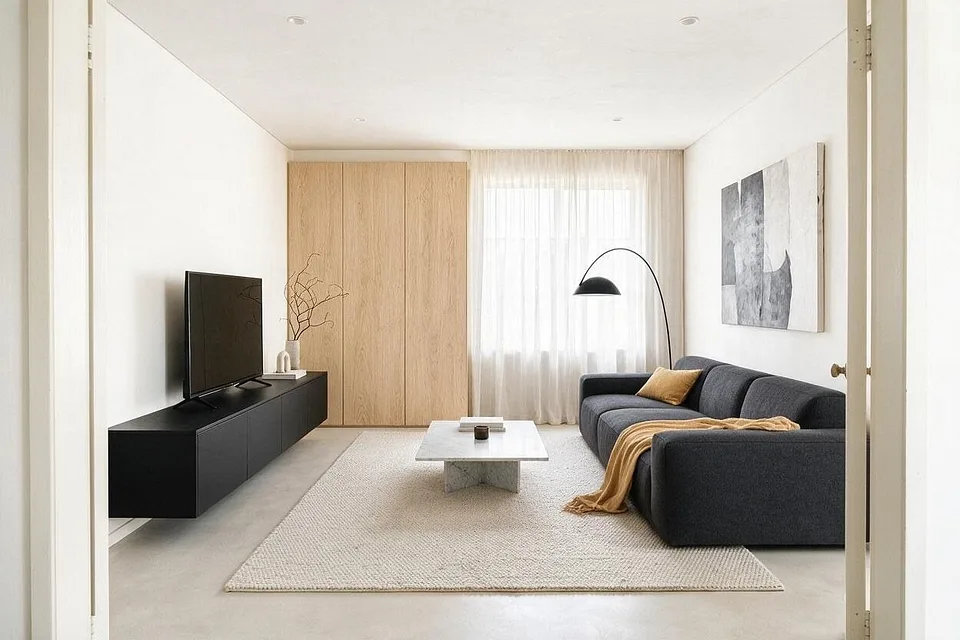 A Minimalist living room in the Charcoal and Camel palette