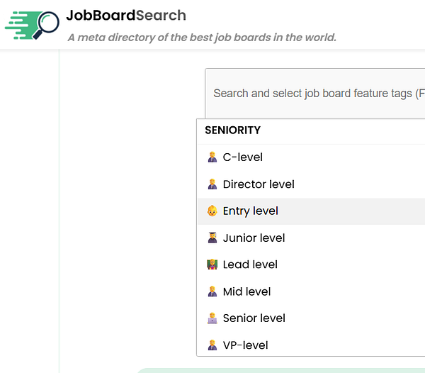 Screenshot of a web interface showing job listings with filters for seniority levels and various associated tags.