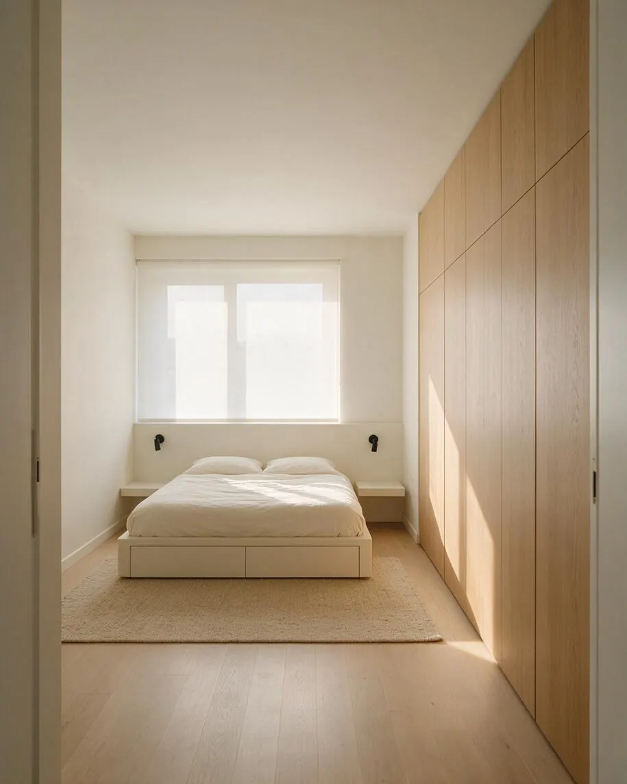 A serene minimalist master bedroom with a low platform bed dressed in white bedding, centered beneath a large window with sheer roller shade. Built-in light oak wardrobe panels line the right wall, and a textured beige rug softens the pale wood floor. Small black wall sconces add contrast on the white wall behind the bed.