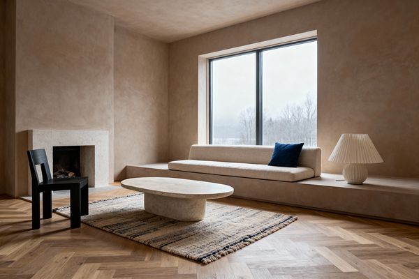 A minimalist Scandinavian living room with warm beige plaster walls and a large picture window showing a snowy landscape. A built-in, low-profile sofa in light beige upholstery sits on a continuous ledge, accented by a deep blue cushion and a pleated ceramic table lamp. An oval limestone coffee table rests on a striped wool rug over oak herringbone flooring, with a simple matte-black wooden chair and a light stone fireplace completing the calm, uncluttered space.