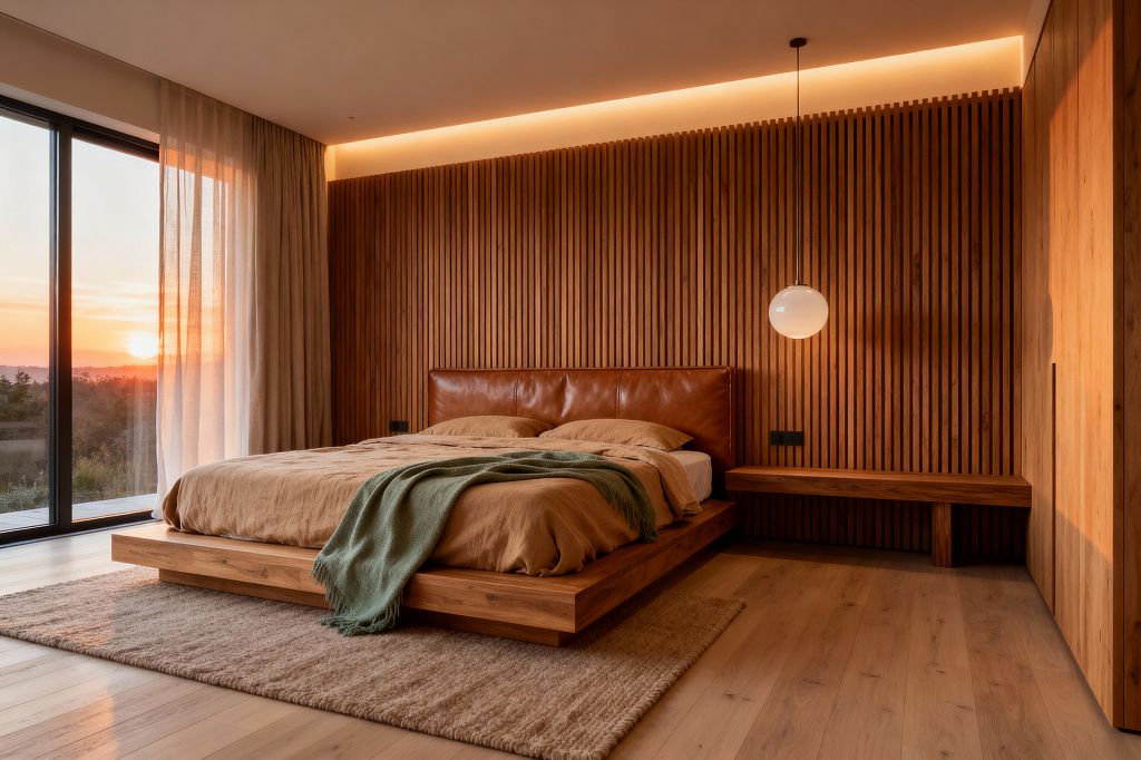 A modern bedroom centers a low oak platform bed against a vertical slatted oak feature wall, finished with a cognac leather headboard and camel bedding. A wool rug on wide-plank oak flooring, a white globe pendant over an integrated oak bench, and warm LED cove lighting set a soft glow, while floor-to-ceiling sliding glass with sheer curtains frames a sunset; matte black outlets and window frames add crisp contrast.