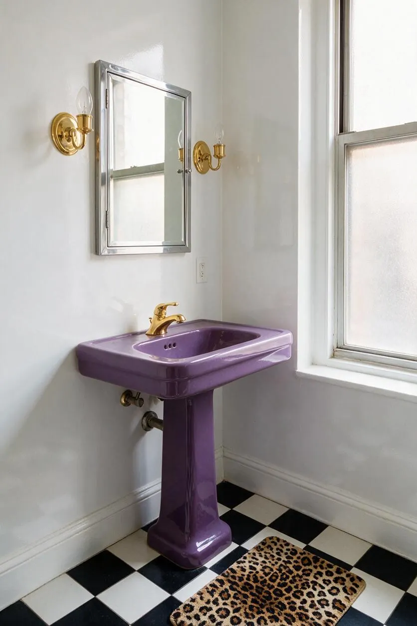 A small studio apartment bathroom with a glossy lavender pedestal sink and gold faucet beneath a mirrored medicine cabinet. White walls, brass wall sconces, frosted windows, a black-and-white checkered tile floor, and a leopard-print rug create a bold Hollywood Regency look.
