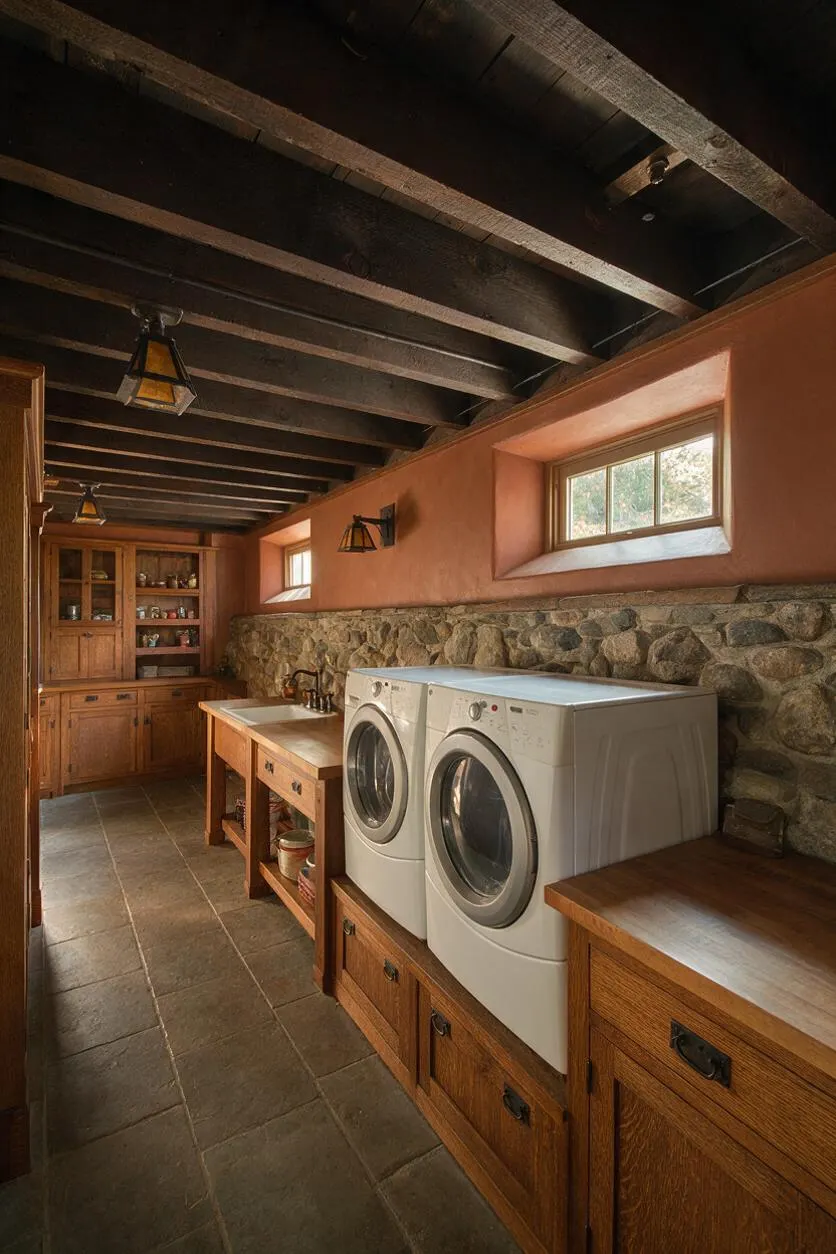 A long Craftsman-style laundry room with white front-loading washer and dryer set into warm wood cabinetry. The space features a stone half wall, terracotta-colored plaster walls, dark exposed ceiling beams, small horizontal windows, and slate tile flooring with vintage lantern-style lights overhead.