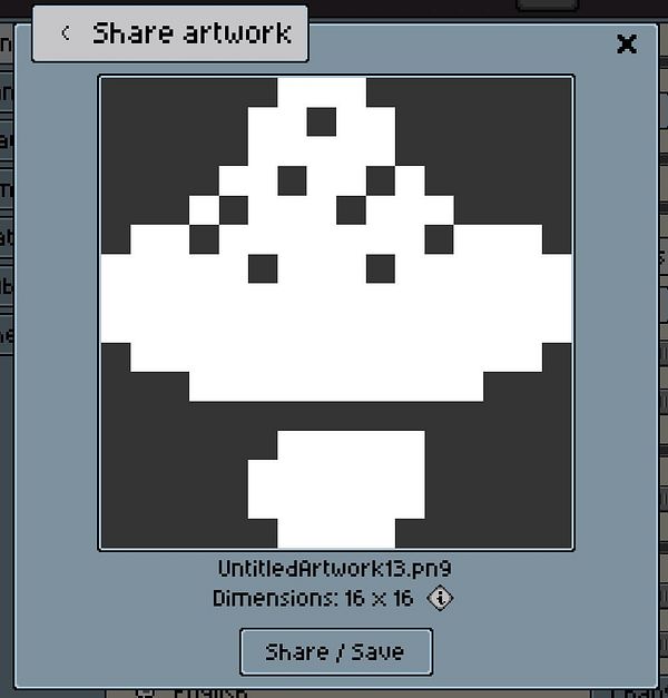A pixel art mushroom design displayed in a digital art sharing interface.