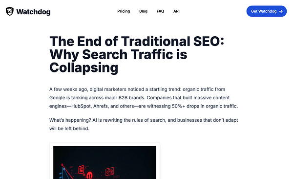 The image displays a blog post titled 'The End of Traditional SEO: Why Search Traffic is Collapsing' on the Watchdog website.