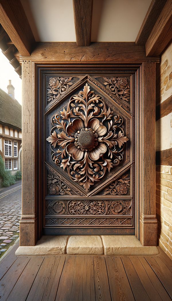An ornate wooden door frame intricately carved with the Tudor Rose motif, situated in a traditional English home.