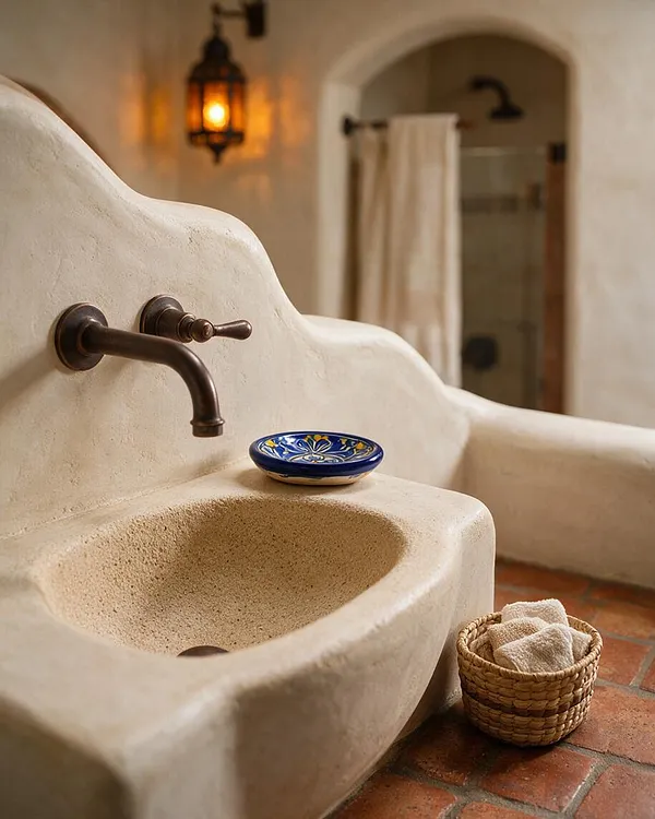 A Mediterranean-style bathroom vignette featuring a sculpted plaster sink with an arched basin, dark bronze wall-mounted faucet, and a small decorative blue ceramic dish on the ledge. In the background are a softly lit lantern sconce, an arched shower opening with a light curtain, terracotta floor tiles, and a woven basket holding folded towels.
