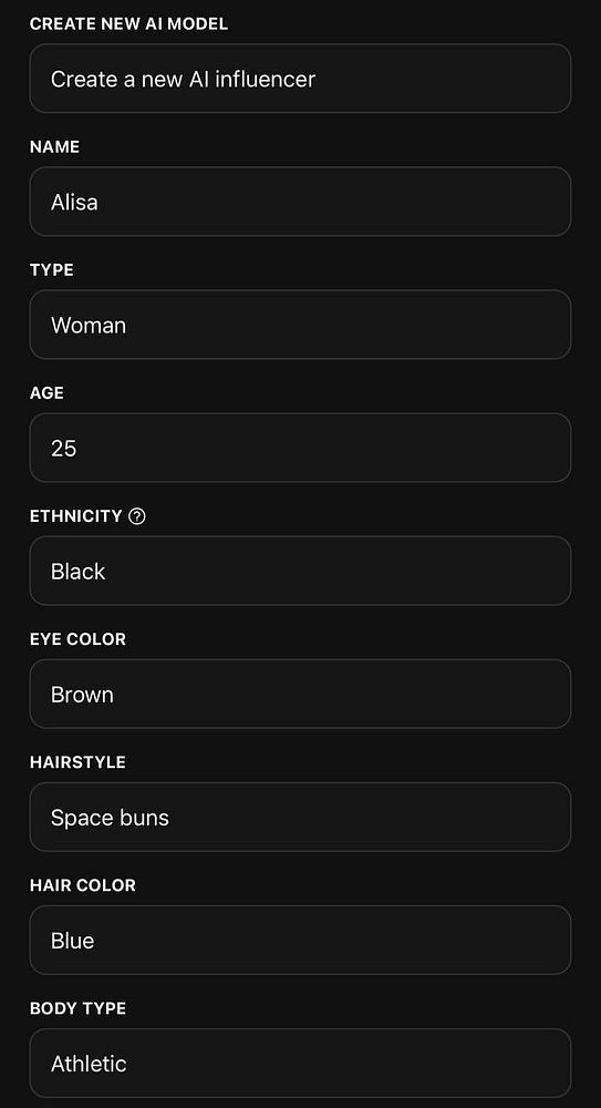 The image displays a form for creating a new AI influencer with various input fields.