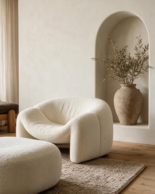 A serene Organic Modern living corner with a sculptural cream boucle lounge chair and matching ottoman on a textured rug. Behind it, a recessed arched niche holds a rustic ceramic vase with delicate branches, while warm wood flooring and soft sheer curtains add natural warmth.