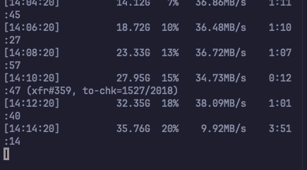 Terminal window running a command to copy a large file from a DJI device to an SSD using rsync on a Mac.