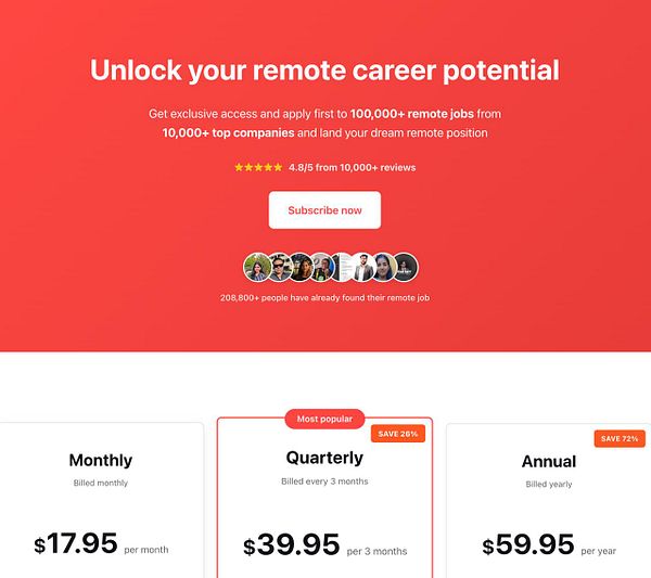 The image features a promotional webpage for a remote job subscription service.
