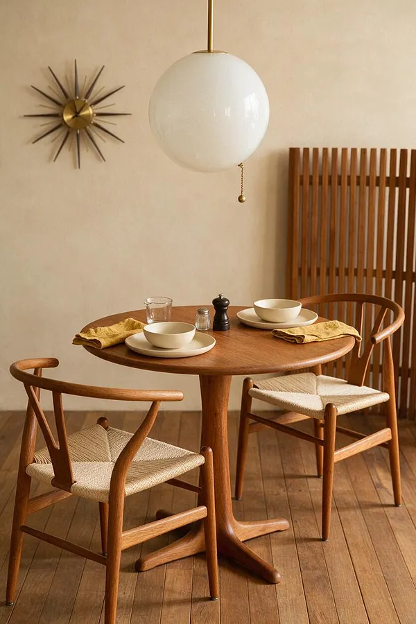 A small mid-century modern dining nook with a round walnut table, two woven-seat wooden chairs, and cream bowls set on simple plates. A white globe pendant hangs overhead, while a brass sunburst wall clock and vertical wood slat screen add vintage warmth.