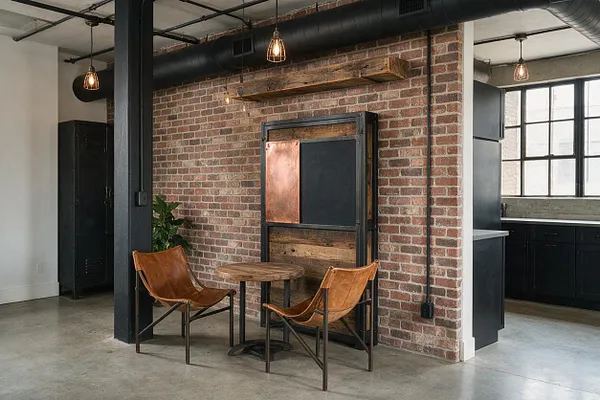 An industrial-style game room with exposed brick walls, black steel framing, and a concrete floor. Two tan leather sling chairs and a small round wood table sit in front of a rustic wall-mounted game setup, with black cabinetry, pendant lights, and large factory-style windows adding to the loft-like feel.
