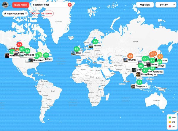 A world map displaying PISA scores for various cities, indicating educational quality across countries.