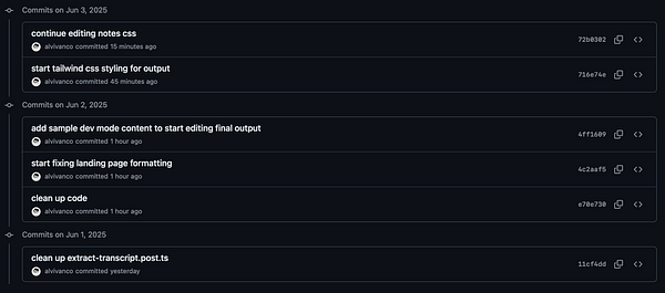 A list of recent code commits organized by date, showcasing a productive coding session.