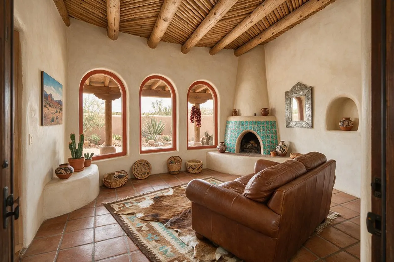 A Southwestern front porch with white adobe walls, arched windows trimmed in terracotta, and a rustic wood-beam ceiling. The space includes a brown leather chair, terracotta tile flooring, woven baskets, potted cacti, and a turquoise tiled kiva-style fireplace beside a decorative mirror.