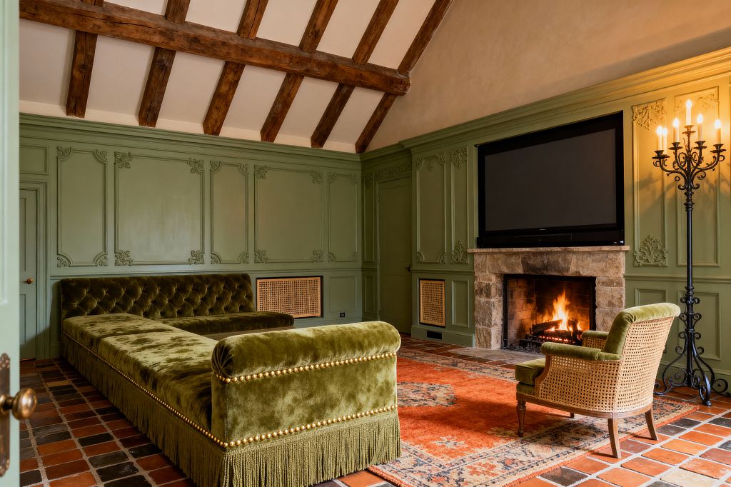 A French Country media room with sage-green paneled walls and carved boiserie features a large flat-screen TV above a rough stone fireplace. An olive velvet, tufted L-shaped chaise with fringe and brass nailheads faces the hearth beside a caned armchair; terracotta floor tiles are layered with a burnt-orange patterned rug, a tall black wrought-iron candelabra stands to the right, and exposed wood beams span a plastered vaulted ceiling, all lit by the fire’s warm glow.