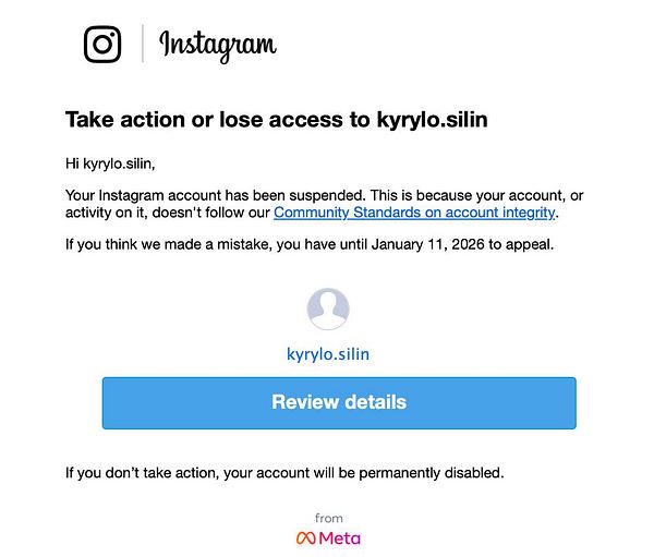 An email notification from Instagram regarding the suspension of an account.