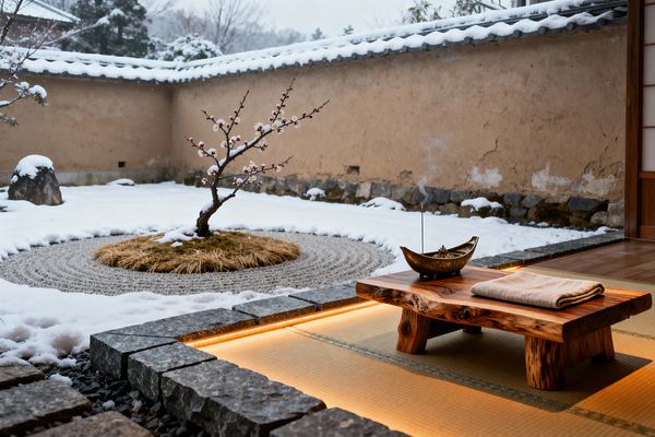 A minimalist Japanese living room with a tatami platform edged in rough stone and warm underlighting. A low live-edge wooden table holds a brass incense holder and a folded beige cloth. Beyond, a walled courtyard is blanketed in snow, with concentric raked gravel surrounding a moss mound and a small blossoming tree. Earthen plaster walls with a stone base and tiled roof frame the serene winter scene.
