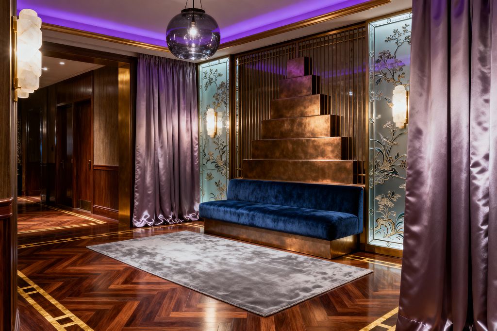 A sumptuous media room features a deep sapphire velvet sofa on a brushed brass base beneath a stepped, pyramid-like brass wall. On either side, etched mirrored panels with botanical motifs and alabaster sconces reflect mauve satin curtains. A smoked-glass pendant and violet cove lighting add drama above a mahogany herringbone floor with brass inlay and a plush gray rug.