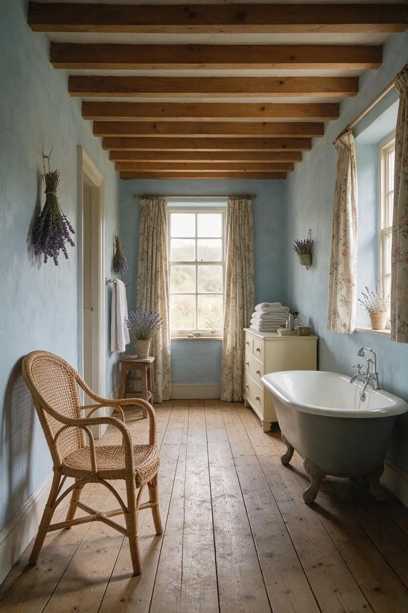 A long cottagecore bathroom with pale blue plaster walls, exposed wooden ceiling beams, and wide pine plank floors. A clawfoot bathtub, wicker chair, cream dresser, and floral curtains create a soft, rustic, vintage atmosphere.