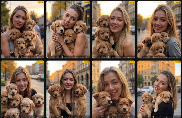 A grid of images featuring a woman with multiple puppies in various poses and settings.