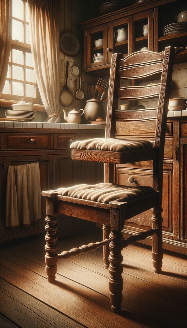 A wooden ladder-back chair with a soft cushion, placed in a cozy, rustic kitchen setting.