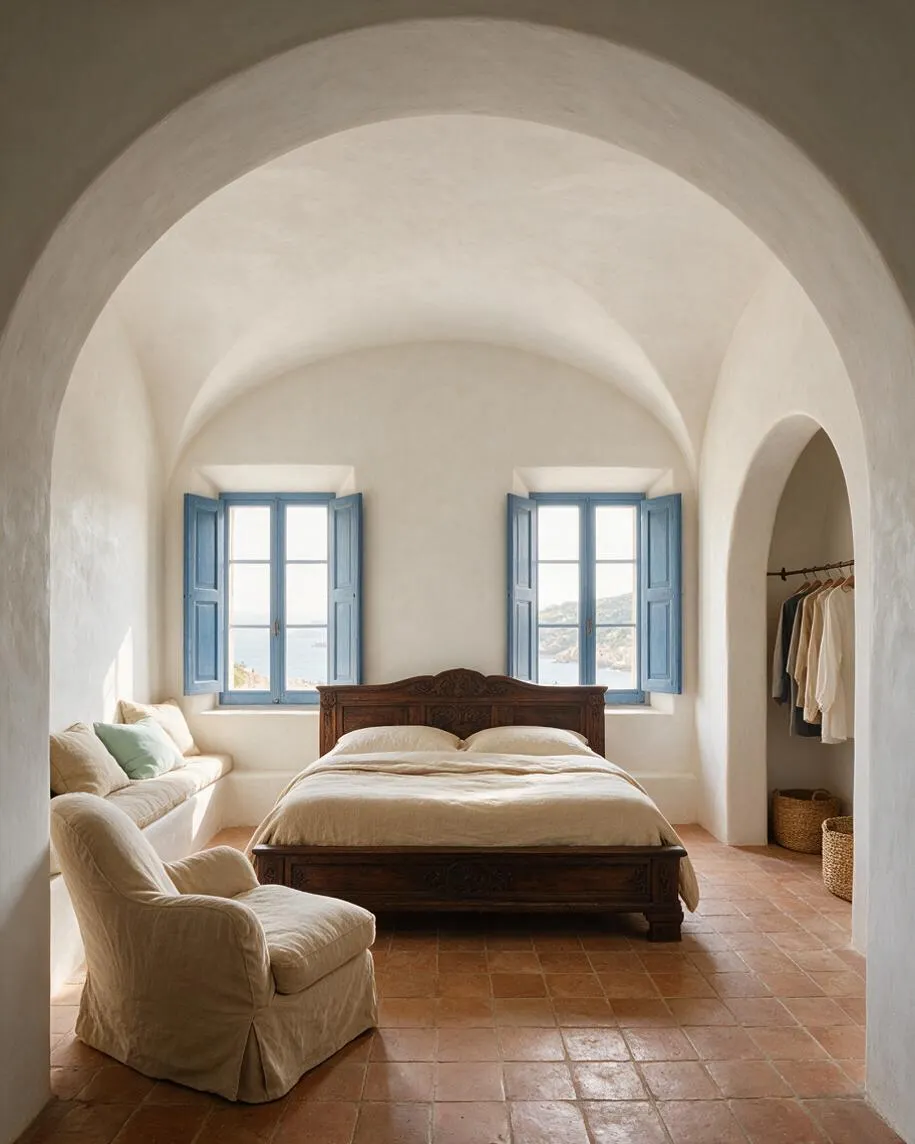 A Mediterranean-style bedroom with white plastered arched ceilings, terracotta tile floors, and two tall windows with soft blue shutters. The room includes a carved wooden bed, cream bedding, a slipcovered armchair, a matching sofa, and a small dressing alcove with hanging clothes and woven baskets.