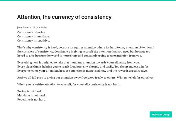 A text-based motivational post titled 'Attention, the currency of consistency' discussing the challenges and importance of maintaining consistency through focused attention.