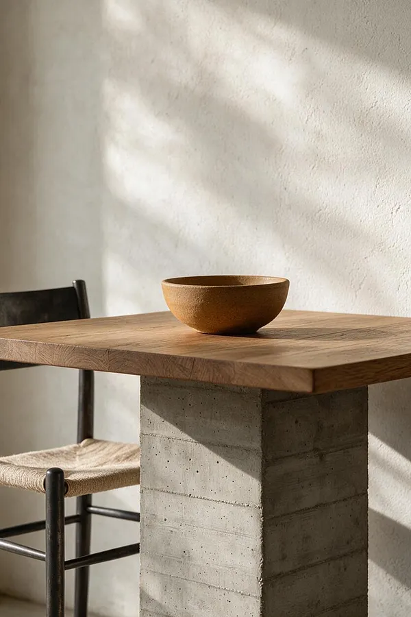 A minimalist dining vignette shows a thick rectangular oak tabletop supported by a raw concrete pedestal base, with a simple black metal chair and woven seat tucked beside it. A small matte bowl sits centered on the table, and soft natural light casts gentle shadows across a textured off-white wall.