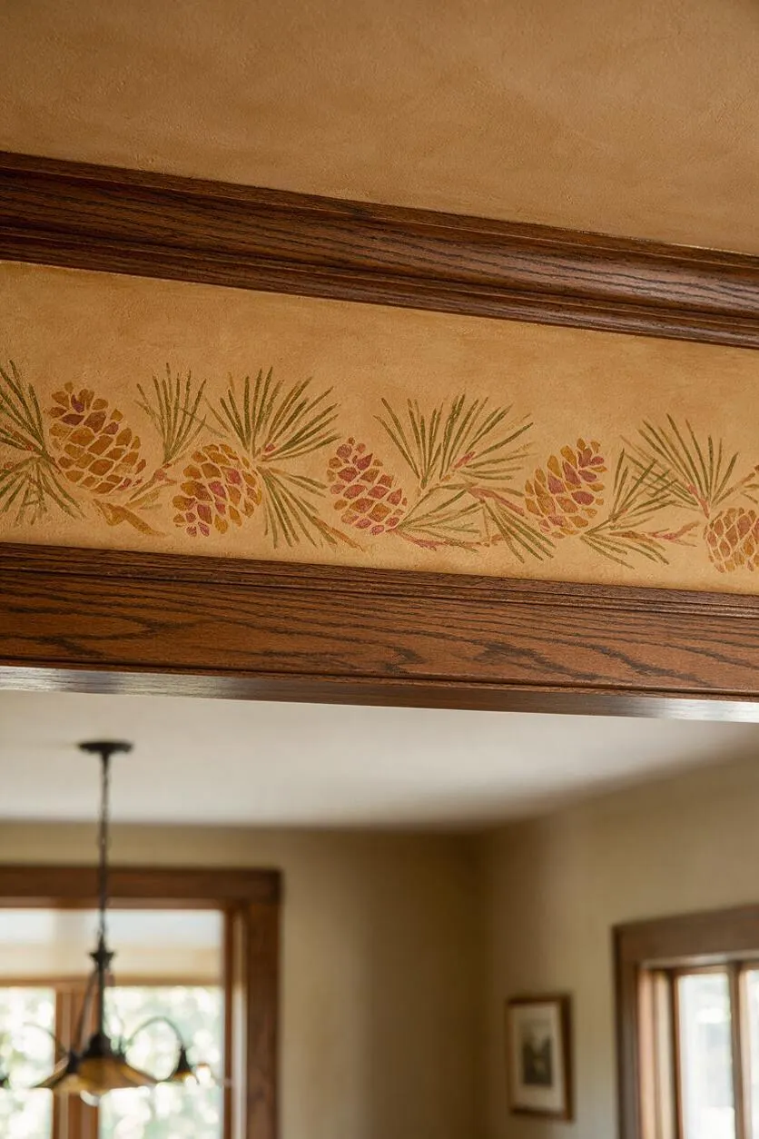A close-up of a Craftsman-style interior detail showing a tan textured wall band painted with a repeating pinecone and pine needle motif, bordered above and below by rich dark wood trim. Softly blurred in the background are warm beige walls, wood-trimmed windows, and a hanging pendant light, reinforcing the handcrafted, nature-inspired aesthetic.