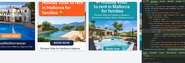 The image features a prototype of a scrolling marquee showcasing vacation rental advertisements.