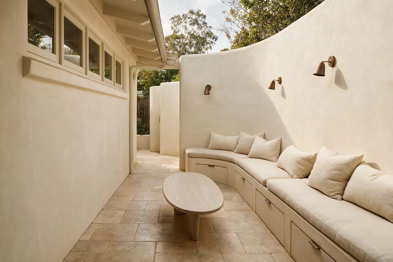 A narrow organic modern backyard patio with smooth cream stucco walls, a curved built-in bench with beige cushions and pillows, and a low oval wood coffee table. Warm stone pavers, small bronze wall sconces, and soft natural light create a calm, sculptural outdoor retreat.