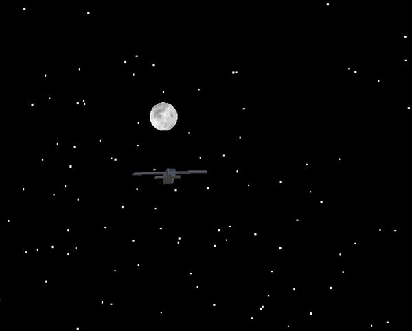 A spacecraft is flying towards the moon in a starry night sky.