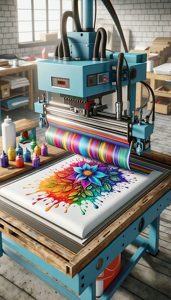 a detailed heat transfer printing process showing the transfer paper with the design being pressed onto a piece of fabric under a heat press