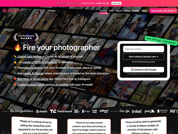 Screenshot of a webpage with a central header showing 'PhotoAI' and a navigation menu on top.