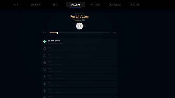 Screenshot of a game interface showing the 'Spaceify' achievement tab with various unlocked achievements and details about a 'Spacify' soundtrack.