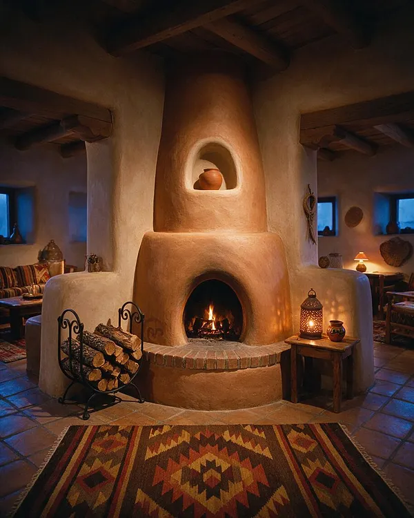 A Southwestern-style living room centers on a rounded adobe fireplace with a lit fire and built-in niche holding a clay pot. The space features exposed dark wood ceiling beams, stucco walls, tile flooring, a geometric woven rug, wood furniture, and warm lantern lighting with rustic décor.
