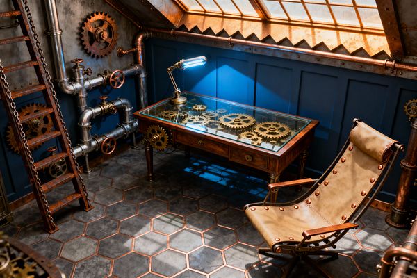 A steampunk home office under a copper-framed skylight features a wooden desk with a glass top displaying brass gears and a brass task lamp, a tan leather sling chair with rivets, and hexagonal stone tiles edged in copper. The navy wainscot wall is lined with exposed steel and copper pipes, valve wheels, and oversized cog sculptures, while a weathered ladder with chain accents leans beside the mechanical details.