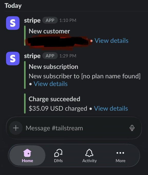 A notification from Stripe indicating a new customer and successful charge.