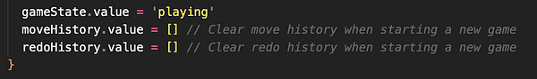 The image displays a code snippet related to game state management in a puzzle application.