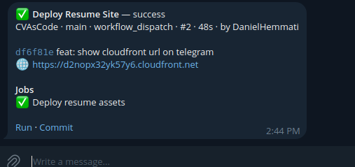 Chat message showing a successful deployment notification with deployment URL after a code push.