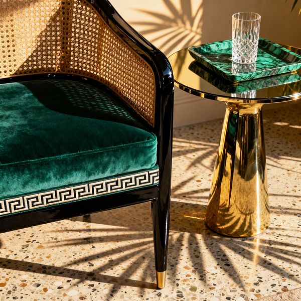 Close-up of a Hollywood Regency patio vignette: a black lacquer and cane lounge chair with an emerald velvet cushion trimmed in a black-and-ivory Greek key sits beside a round brass pedestal side table with mirrored top. A malachite tray and cut-crystal glass rest on the table, while afternoon sun casts dramatic palm-leaf shadows across a speckled terrazzo floor and warm beige wall.