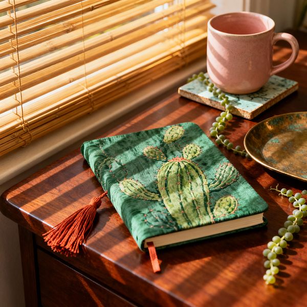 Sunlight filters through bamboo blinds onto a polished wood desk, illuminating a green, cactus-embroidered journal with a rust-orange tassel. A blush pink ceramic mug sits on a speckled blue tile coaster beside a small patinated brass dish and trailing string-of-pearls succulent, creating a warm, Bohemian home office vignette with layered textures and earthy tones.