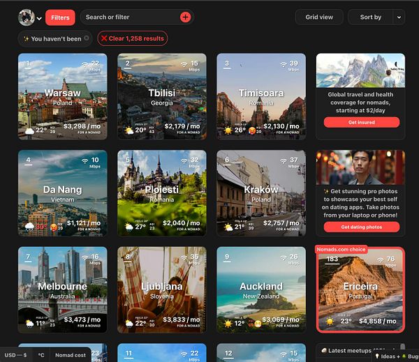 The image displays a grid of various cities with information relevant to digital nomads, including internet speeds and monthly costs.