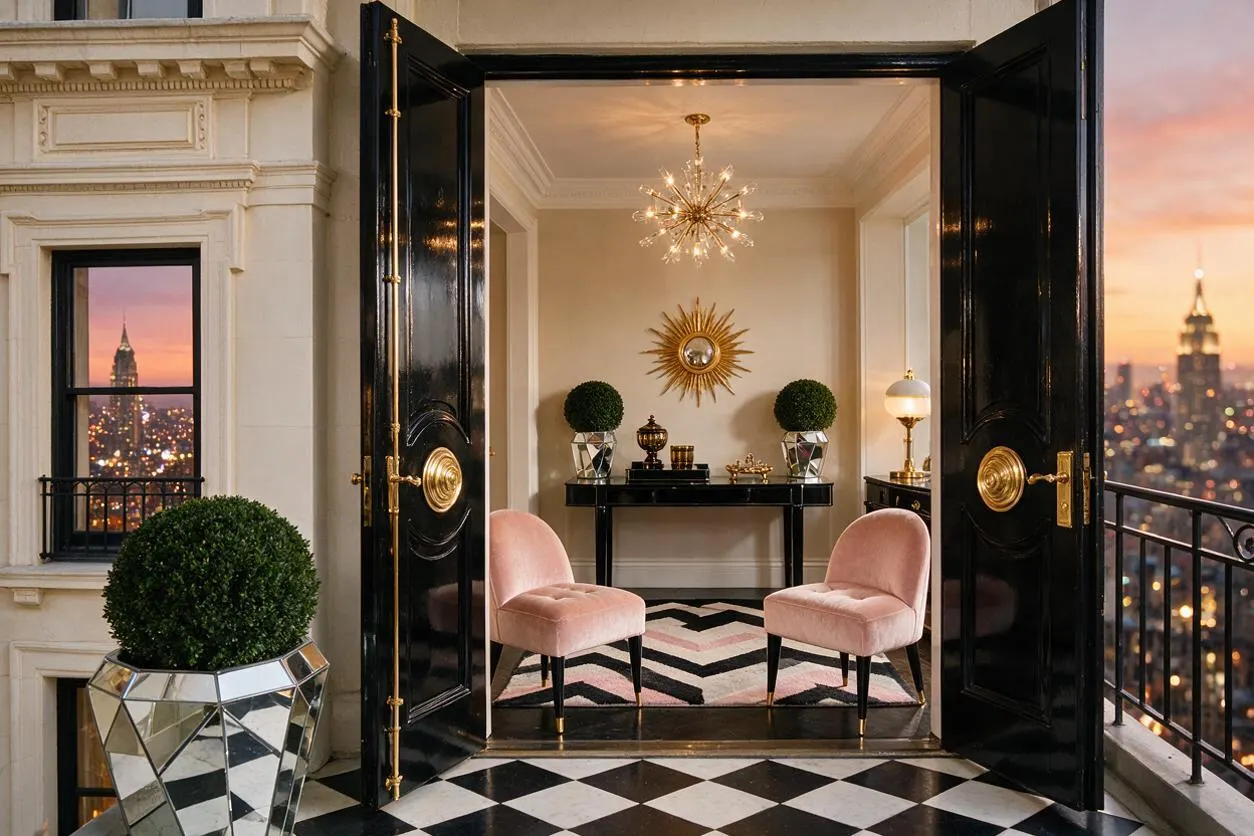 A glamorous Hollywood Regency balcony entrance with oversized black double doors open to a chic sitting area. The space features a black-and-white checkerboard floor, blush velvet chairs, mirrored planters with round topiary, gold accents, a starburst mirror, and a sparkling chandelier with a city skyline at sunset beyond.