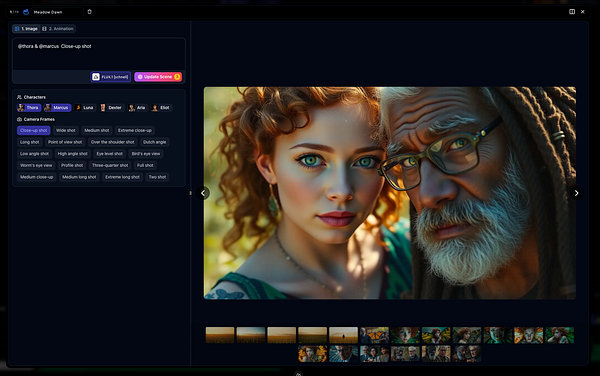 A close-up shot of a young woman and an older man, both with striking features and expressions.